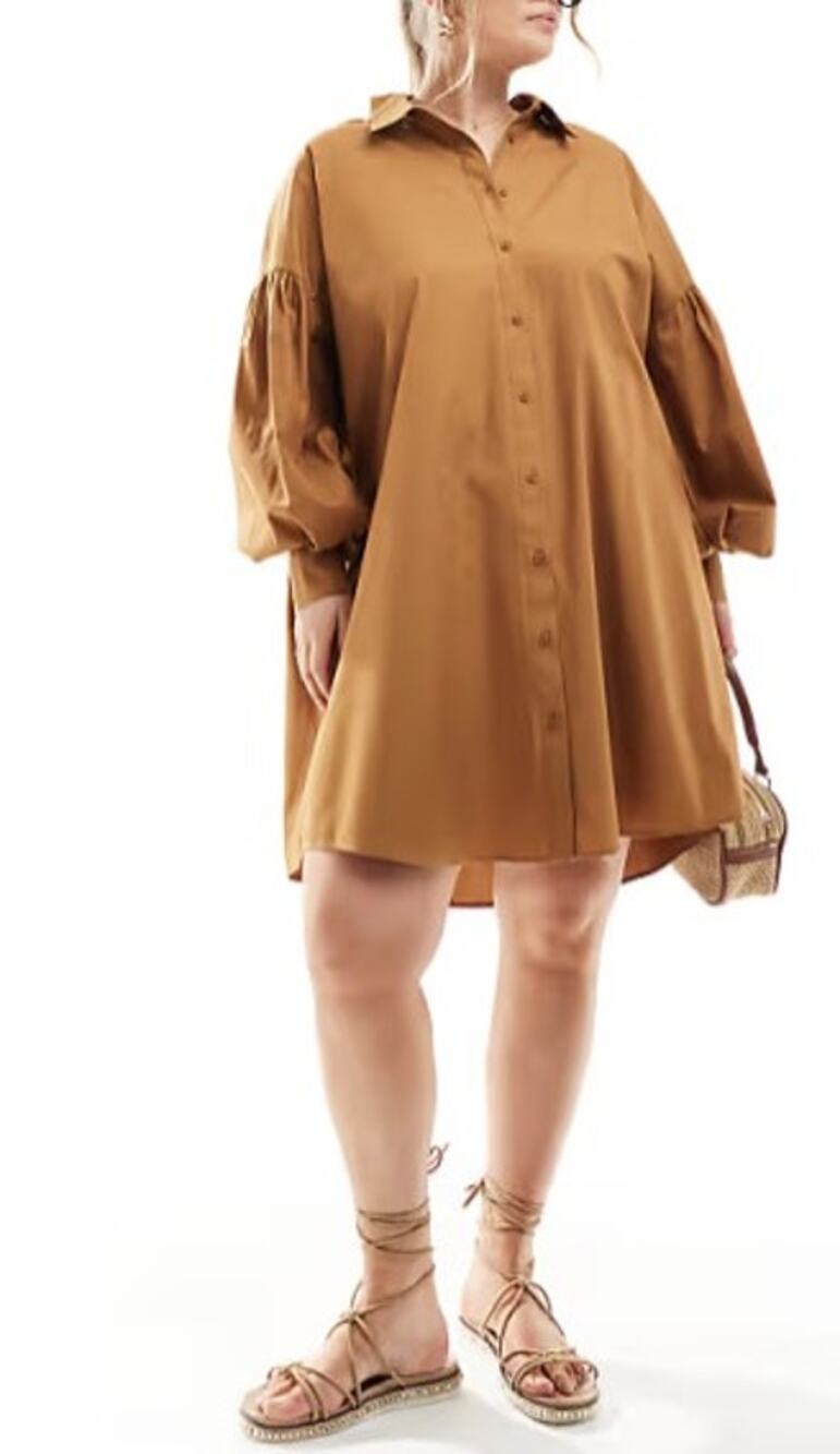 ASOS Design Curve Brown Boyfriend Shirt Dress Plus L Poet Sleeve Mini